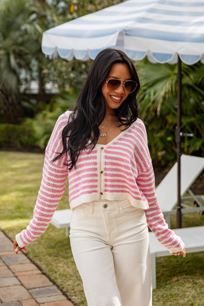 Signature Staple Pink Stripe Knit Cardigan