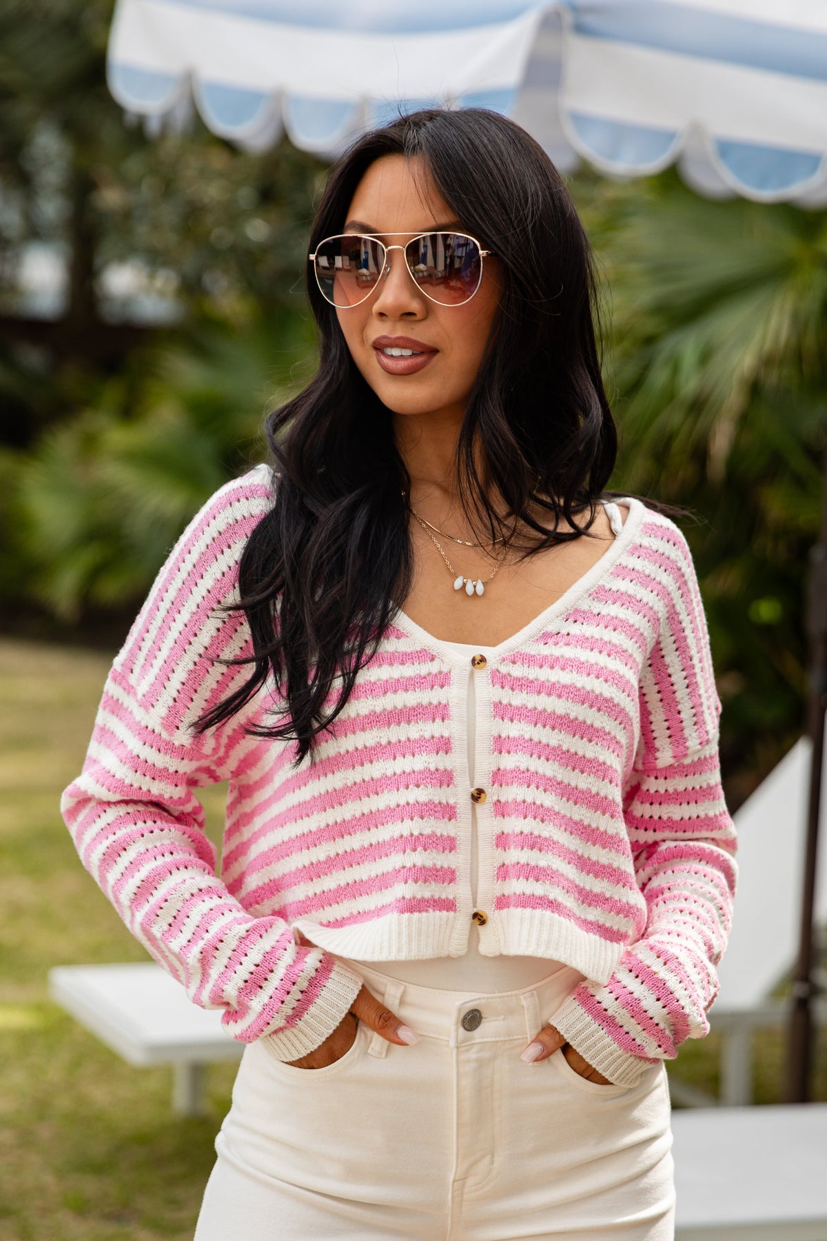 Signature Staple Pink Stripe Knit Cardigan