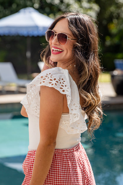 Hilltop Hour Eyelet Ruffle Blouse - DU Deal