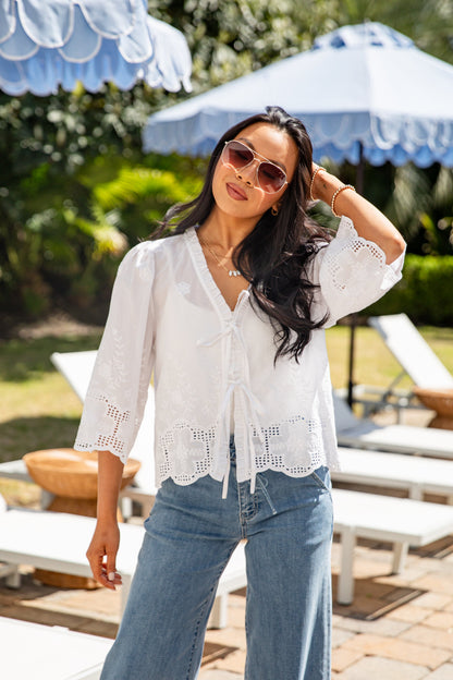 Vineyard Brunch Floral White Tie Front Blouse