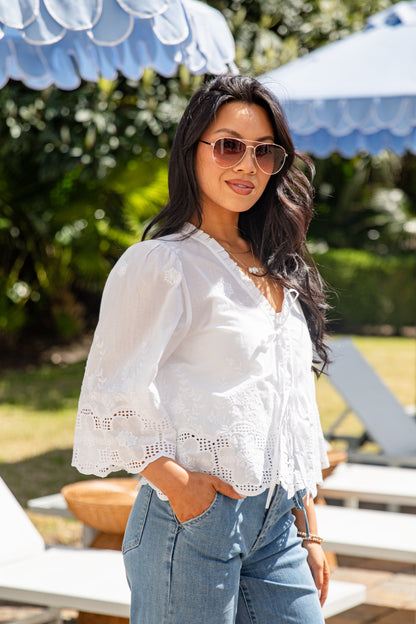Vineyard Brunch Floral White Tie Front Blouse
