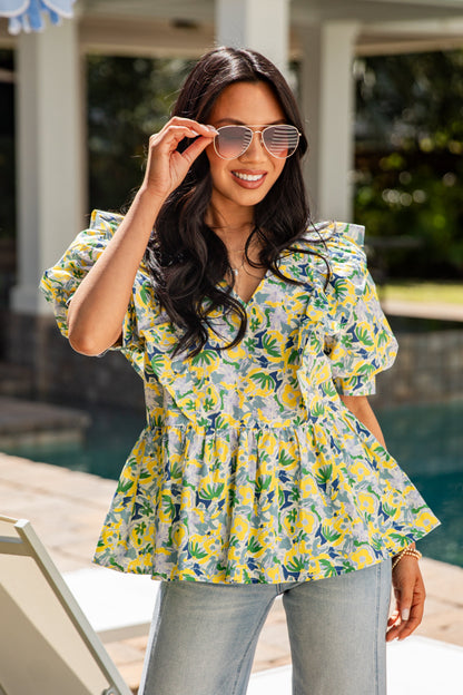 Citrus Bloom Puff Sleeve Yellow Blouse
